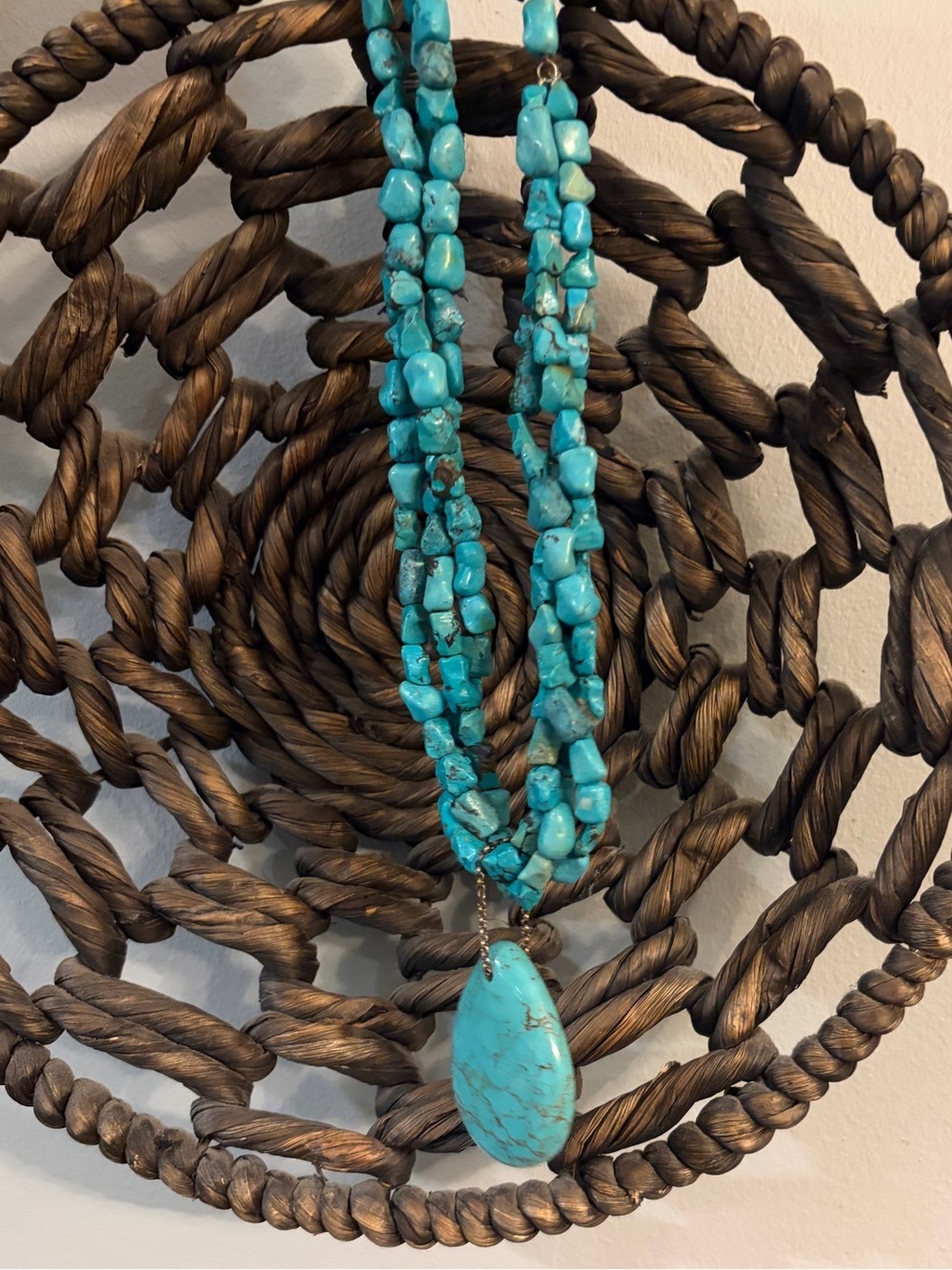 Turquoise Bead multi Strand Necklace with Teardrop Pendant - Women Jewelry